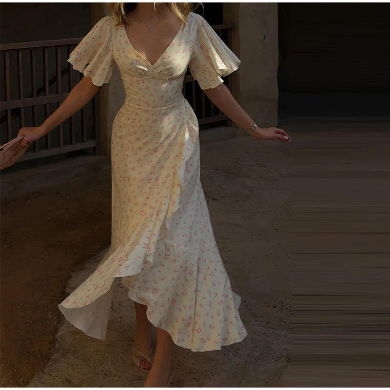 Elegant Print Women Long Dress Chic Ruffle Pleated Short Sleeve V-neck Waist-Closed Female Dresses 2026 Summer Beach Lady Robe
