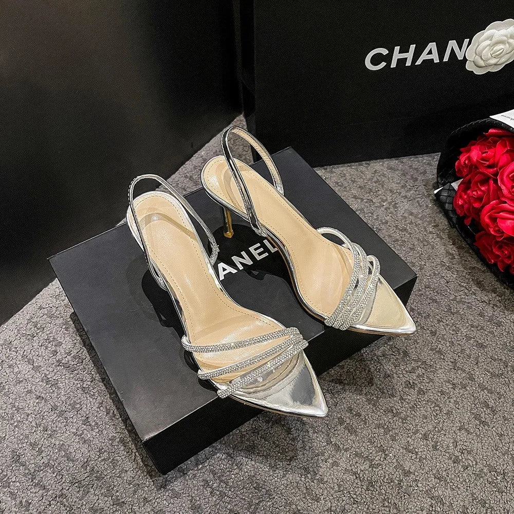 Pointed straight rhinestone sandals with women's new European and American sexy exposed toe sexy silver high heels