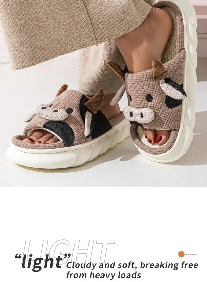 Cartoon Cute Cow House Slippers Women Platform Soft Sole Anti-slip Home Slides Woman Lightweight Warm Plush Indoor Cozy Slippers