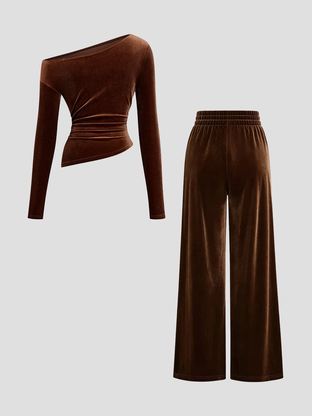 Women Velvet 2 Piece Outfit Asymmetrical Off Shoulder Long Sleeve Ruched Top & Drawstring Wide Leg Pants Set