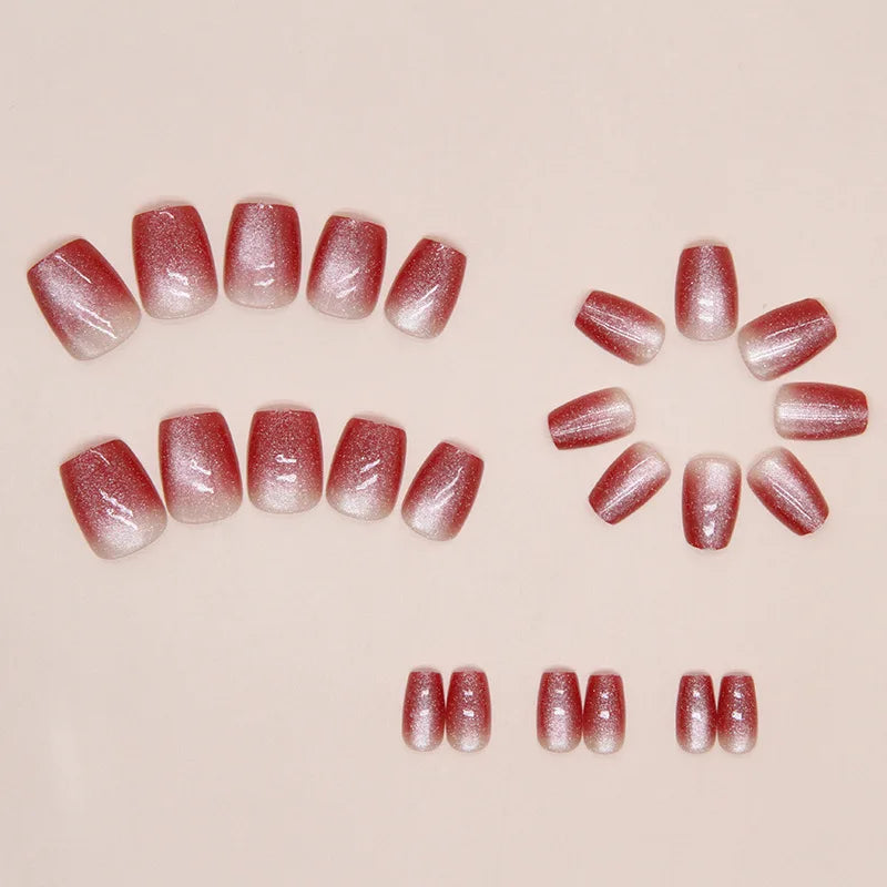24pcs Fake Nails in Wine Red Gradient Cat's Eye Autumn and Winter New Style Press-on Nail Tips Suitable As Gifts for Girls