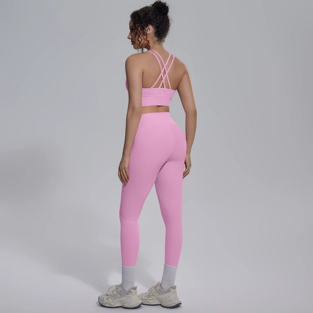 New Yoga Set for Woman Summer Gym Sports Running Bra Top Breathable Peach Buttocks Women Leggings Solid Color Yoga Set