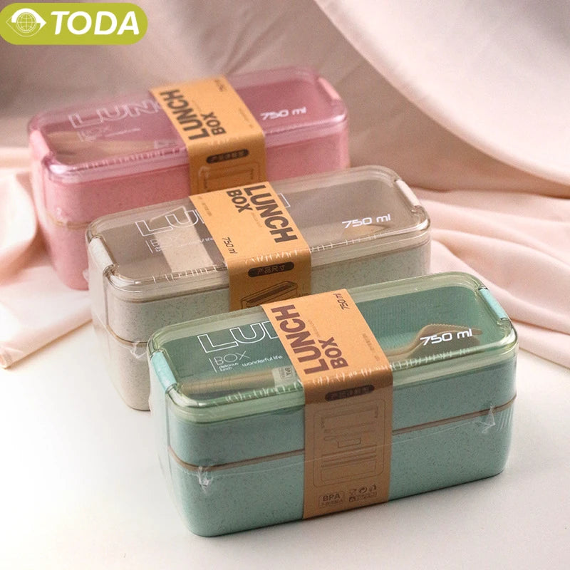 Wheat Straw Lunch Box ，Stackable Bento Box Microwave Dinnerware Food Storage Container with Spoon Fork For Student Work，2 Layer