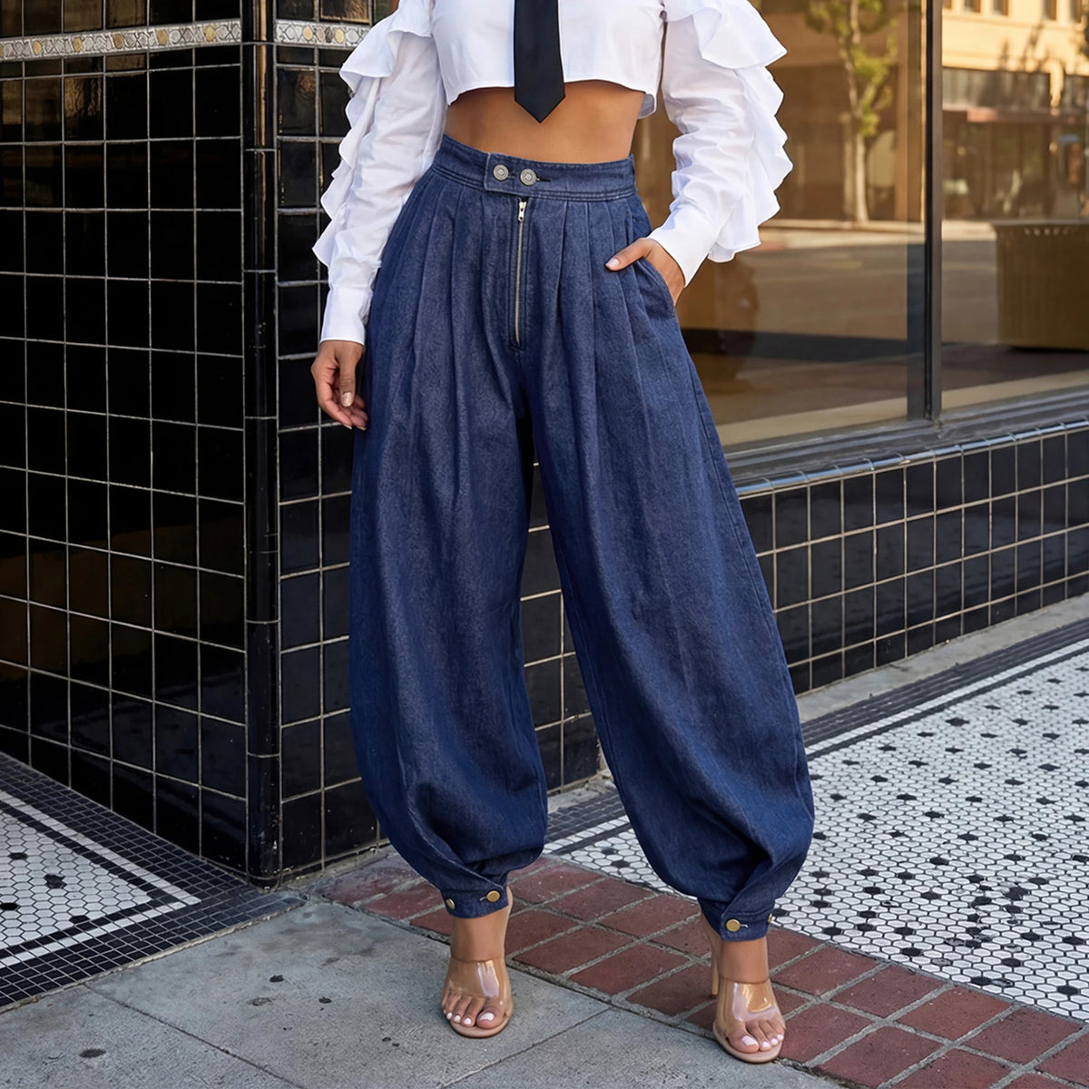 Women Y2k Loose Fit Denim Harem Long Pants Button Zipper High Waist Pleated Bloomers Wide Leg Baggy Trousers with Pockets