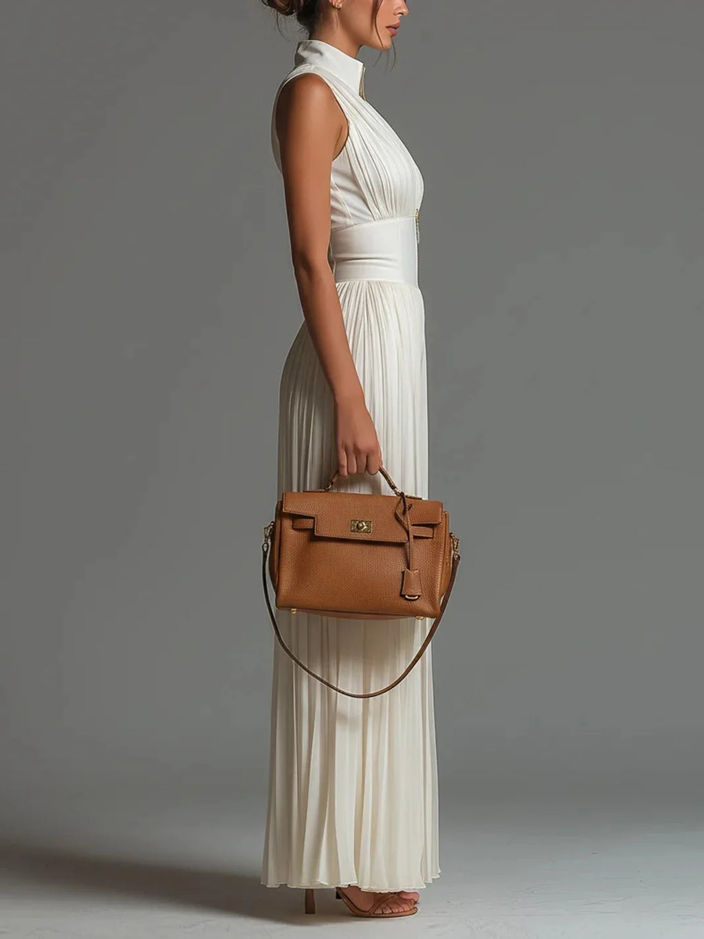 White Pleated Neck Women's Jumpsuit Long Wide Leg Fashionable Sexy Pleated