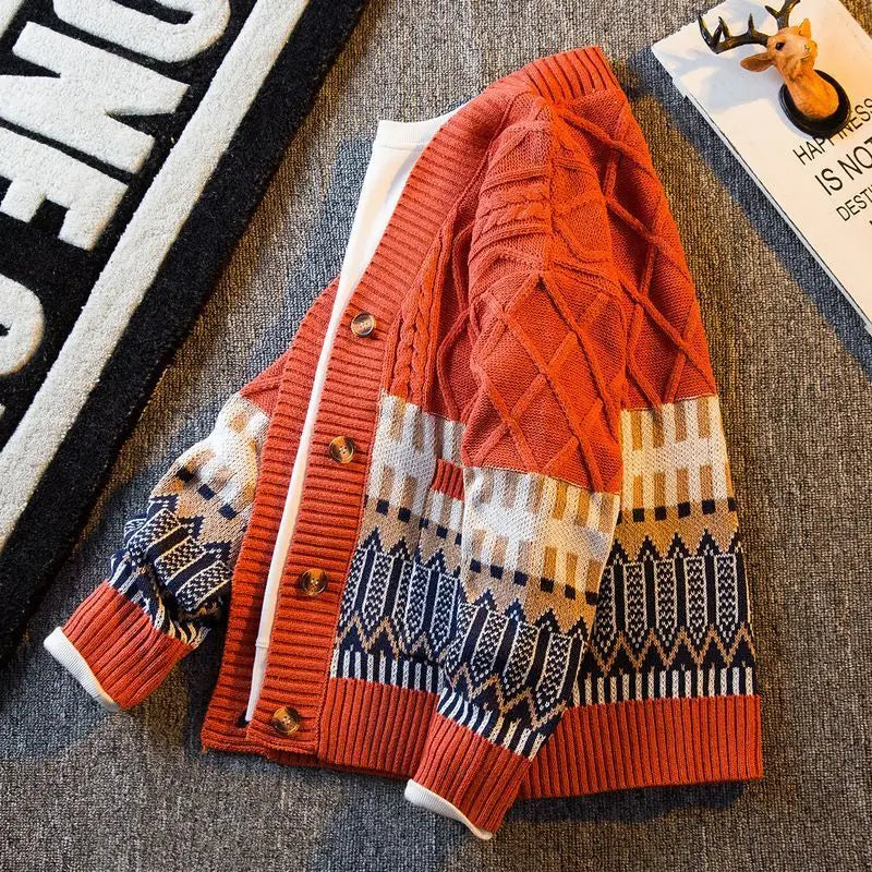 2023 New Autumn and Winter Retro Patchwork Diamond V-neck Color Matching Loose and Handsome Casual Knitted Cardigan for Men