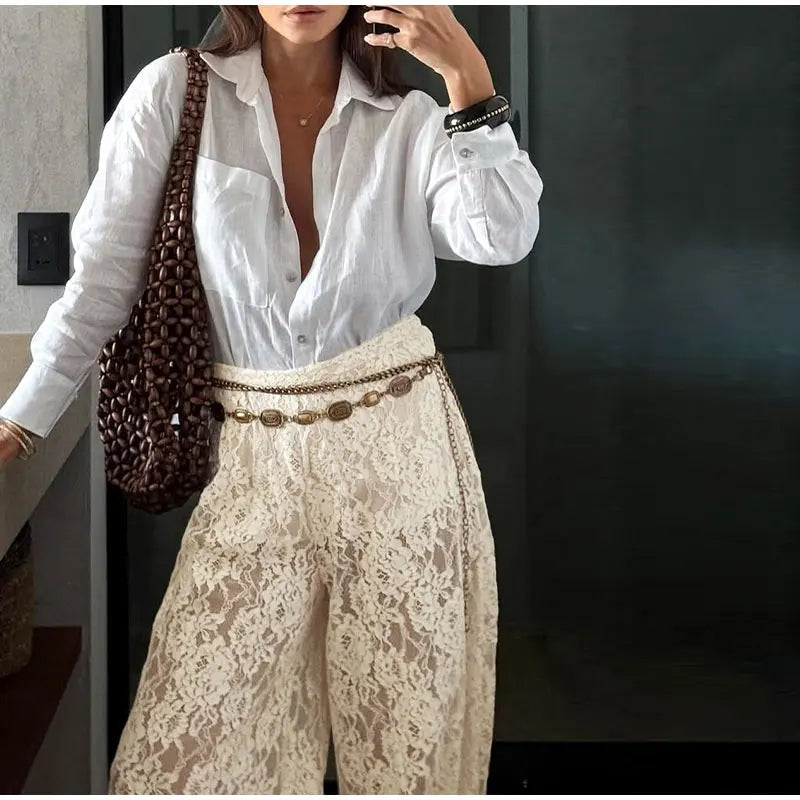 Sheer Floral Lace Tie Balloon Trousers High Waist 2026 Spring/Autumn Elegant Women Bottoms Fashion Chic Holiday Versatile Pants