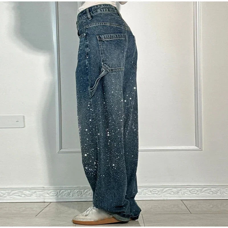 Shiny Rhinestone Baggy Women's Wide Leg Jeans Full Diamond Wide Leg Dragging Denim Pants Vintage Washed Pants Casual Trousers