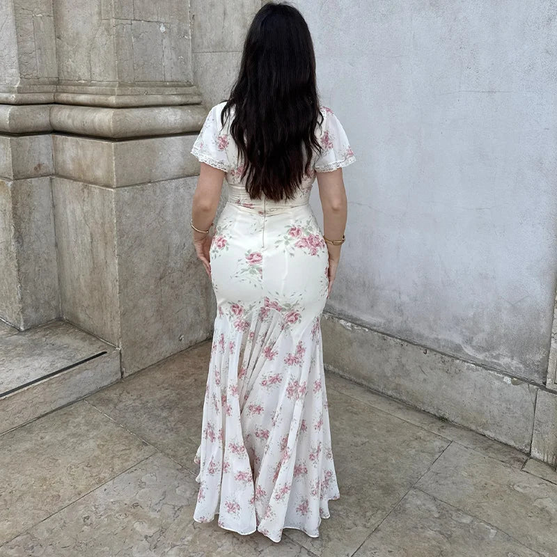 Fashion Women's Dress V-neck Short Sleeve Slim Female Print Floral Dresses 2026 Summer Sexy Elegant Holiday New Party Lady Robe