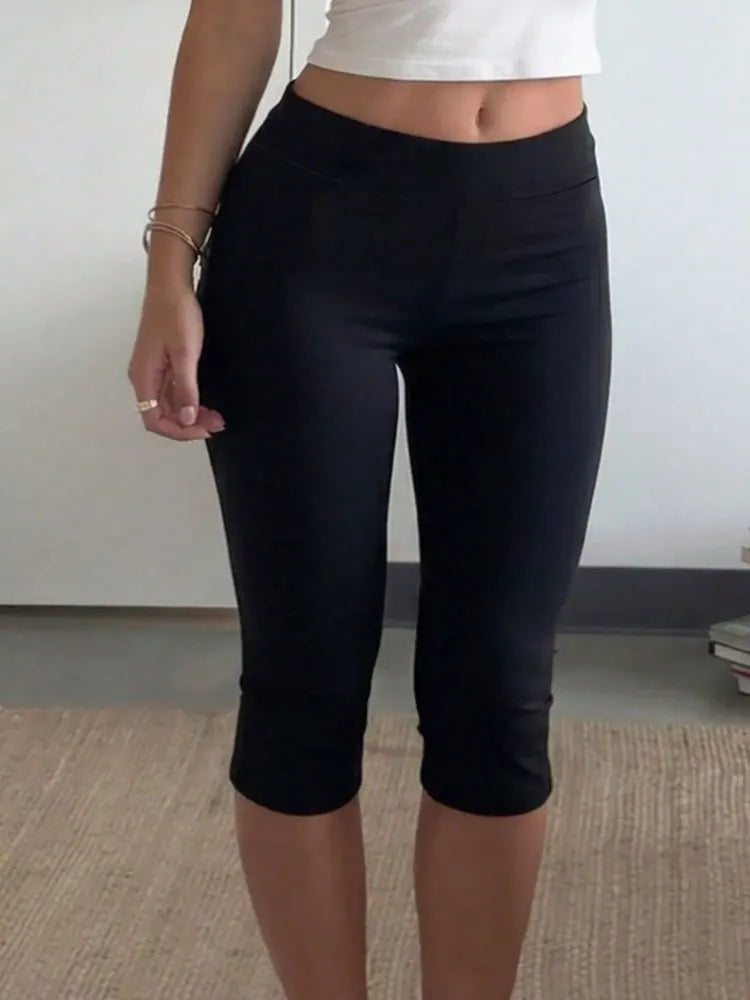 Womens Elegant Solid Black High Waist Capri Leggings Sexy Elastic Slim Breathable Bottom Four Seasons All Year Casual Sweatpants