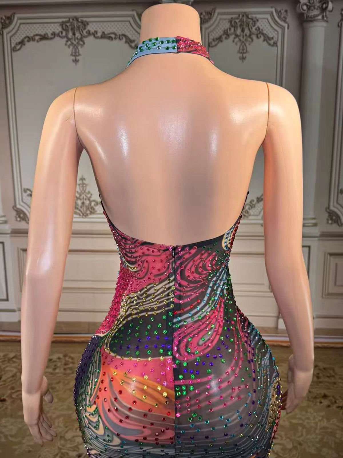 Opulent Crystal Women Sleeveless Sexy Bodycon Long Dress See Backless Shinning Chain Celebrate Bar Singer Performance Costume