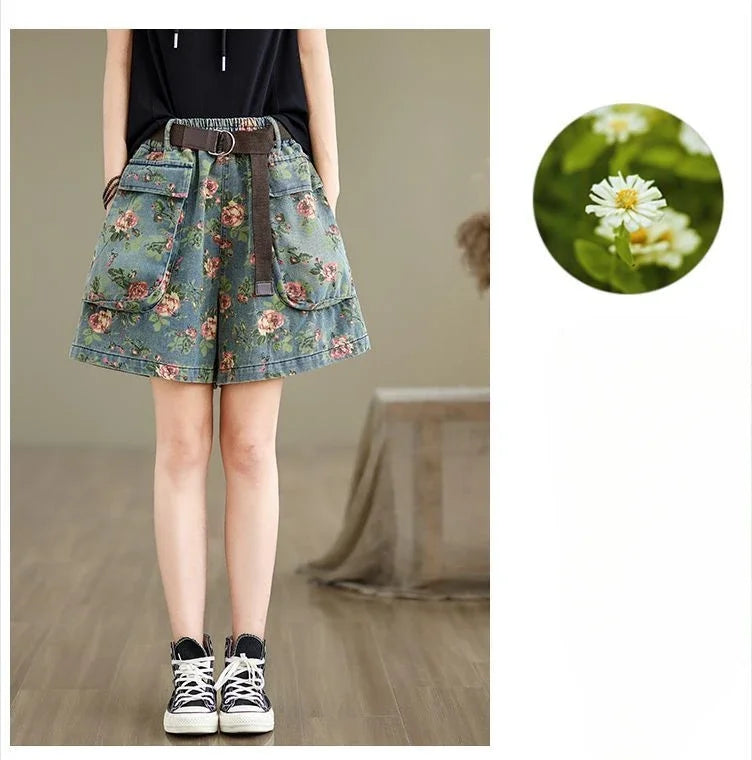 Retro Floral Printed Denim Wide-leg Shorts Women Summer Latest Fashion Baggy Big Size Girl Thin Elastic Waist Jean Short Pants