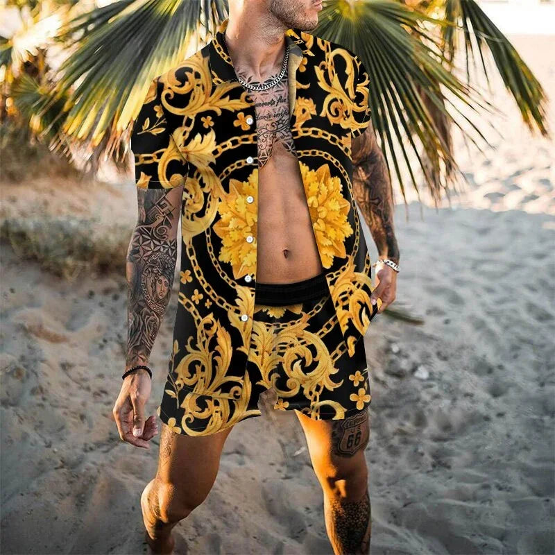 2024 Summer Men's Fashion Leopard Print Short Sleeve Shirt And Shorts Set Beach Style T Shirt Breathable Shorts Two Piece Set