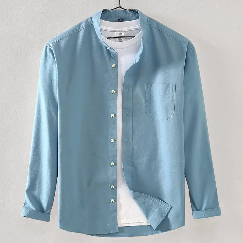 2027 Cotton Stand-up Neck Oxford Spinning Anti-wrinkle Casual  Spring  Autumn New Men's Shirt Jackets  Long Sleeve Shirt Men's