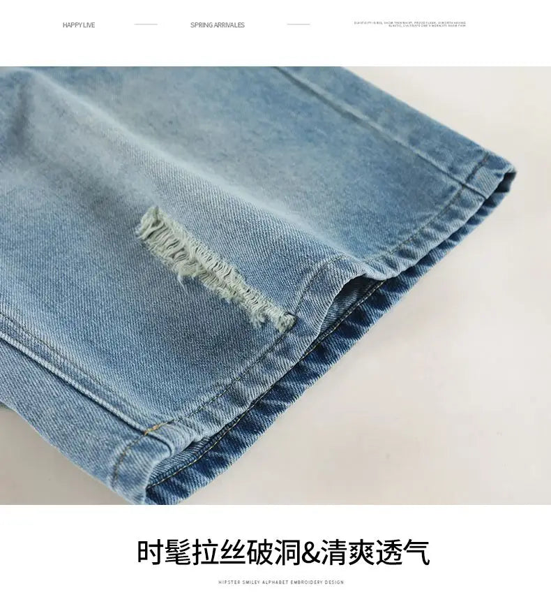 2026 Summer New Women Vintage Washed Ripped Denim Bermuda Shorts Loose Straight Five Points Casual Street Jeans