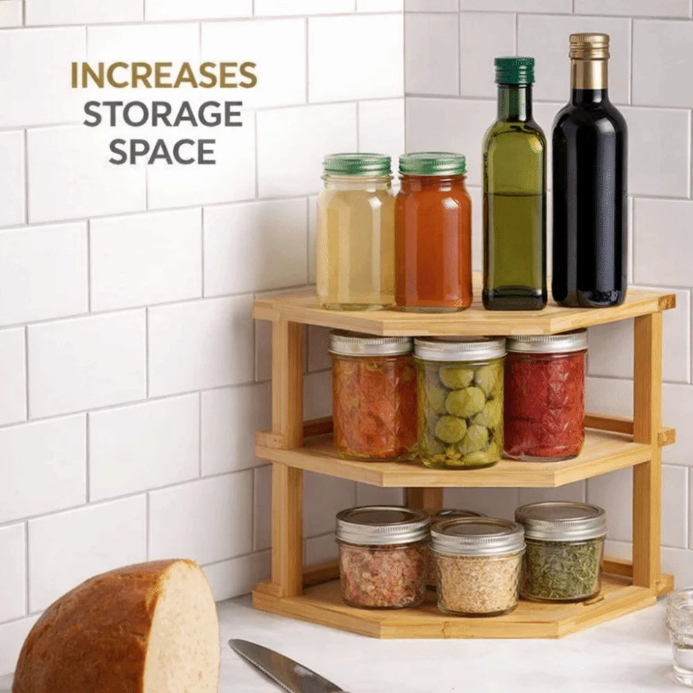 3 Tier Cabinet Organizer Shelf for Kitchen Storage Sturdy Plate Organizer Bamboo Corner Shelf Dish Rack for Cabinet Countertop
