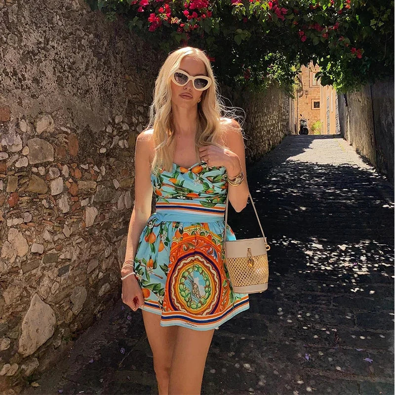 Sexy Strapless Printed Mini Dress 2025 Summer Fashion Women Sleeveless Backless High Waist Slimming Party Vacation Y2k Vestidos