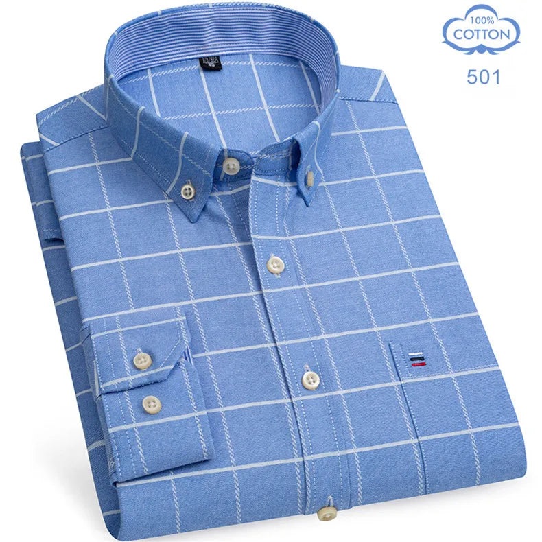 2025 Men's Social Shirt Pure Cotton Oxford Luxury Brand Thin Soft Buttoned Plaid Formal Work Western Clothing