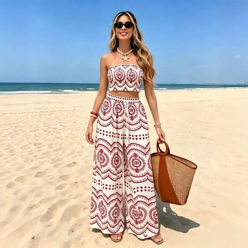 New Bohemian Vacation Plant Print Bandeau Wide Leg Pants, Fashion Two Piece Outfit