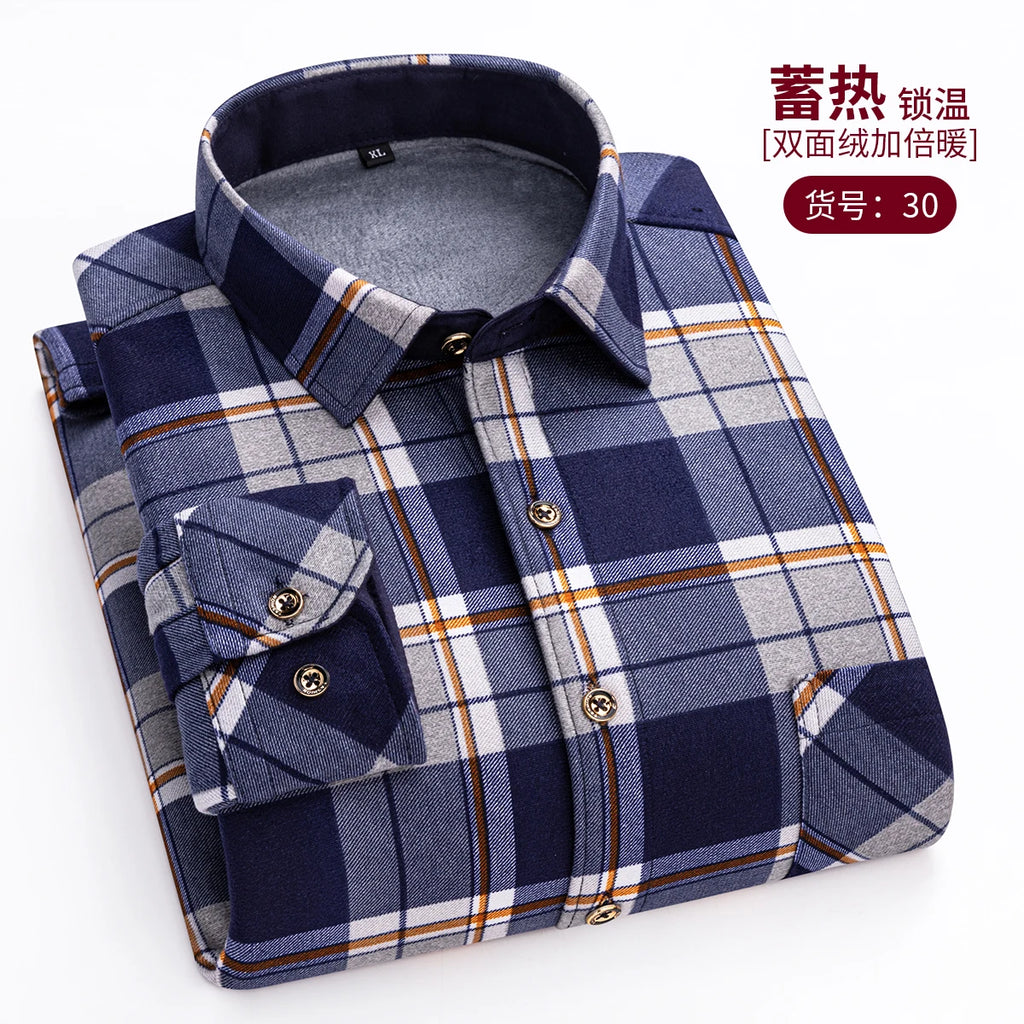 Men's Fashion Warm Long-sleeved Plaid Shirts Thickened Double-sided Fleece Cold-resistant Plus-size Casual Business Check Shirts