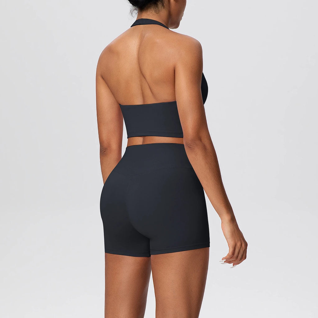 New solid-color double-sided brushed tight-fitting neckless short pants yoga set for exercise, running and fitness two-piece set