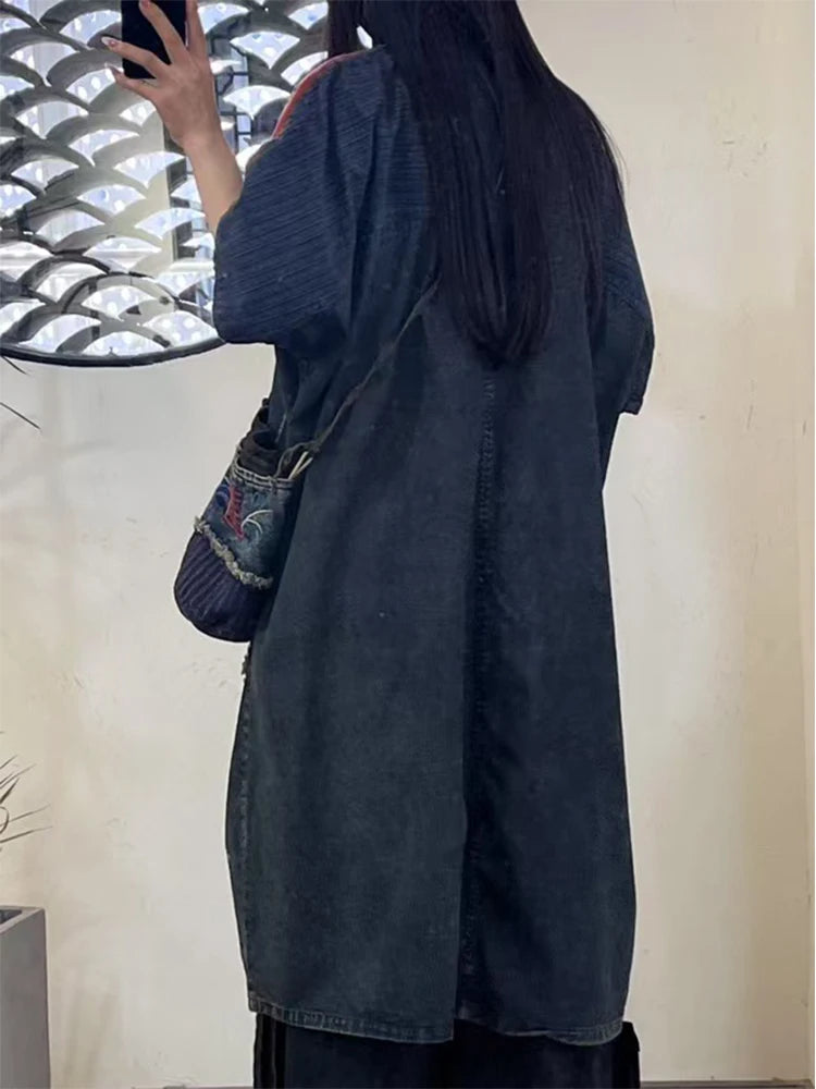 Amax LuluE Summer Chinese Womens Casual Embroidery Denim Dress Loose Cartoon O Neck Long Clothes Ladies Classic Vintage Vestidos