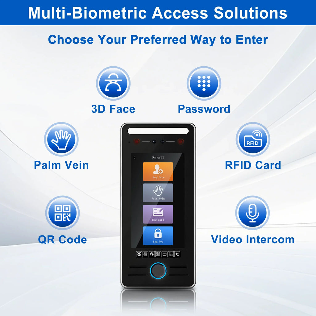 5 Inch 3D Face Recognition Access Control Biometric Fingerprint Palm Vein QR Code RFID Time Attendance Machine WiFi TCP IP
