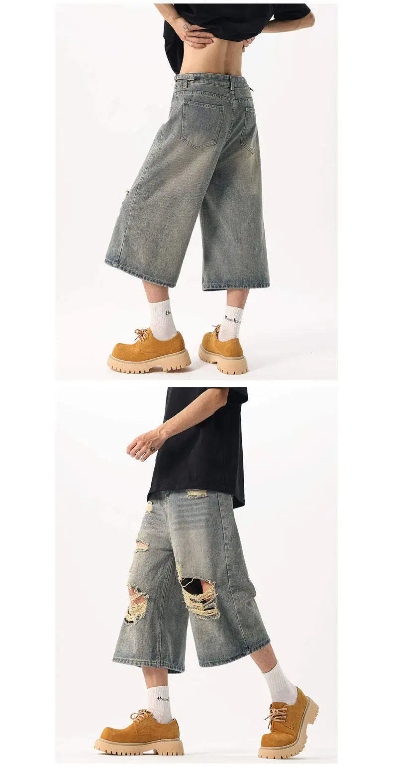 Men's Distressed Loose Fit Straight Leg Denim Capri Pants Casual Summer Jeans Ripped Details Trendy Casual Wear