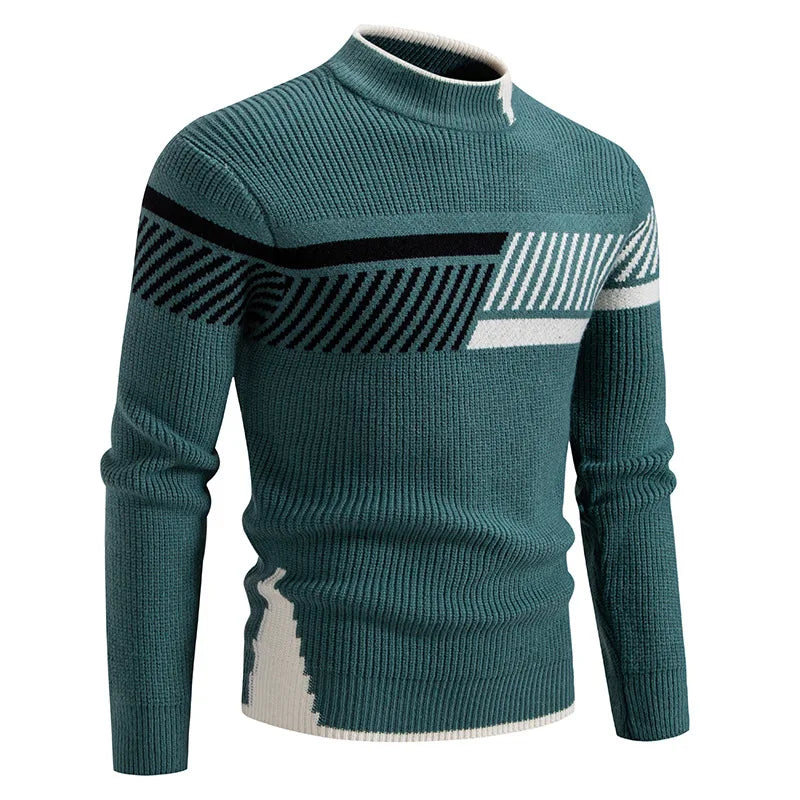 High Quality Men's New Autumn Winter Sweaters Casual Warm Mock Neck Pullovers Trend Color Blocking Design Men Sweaters Knit Tops