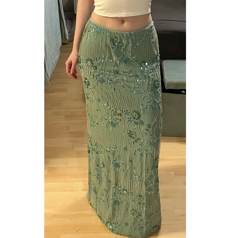 Women Sequins Sexy Maxi Skirts Summer Y2K Pearl Embellished Glitter Low Waist Elegant Clubwear Sparkle Bodycon Long Skirts