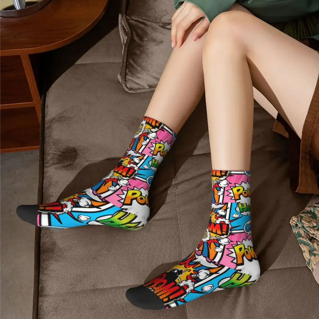 Autumn Winter Hip-hop Men's Women's Superheroes Comic Book Collection Pop Art Quotes Socks Breathable Basketball Socks