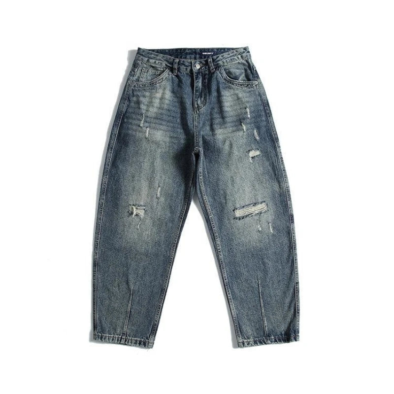 Mens Jeans American Vintage Light Blue Washed Distressed Ripped Patch Baggy Loose Curved Tapered Denim Pants Streetwear Hip Hop