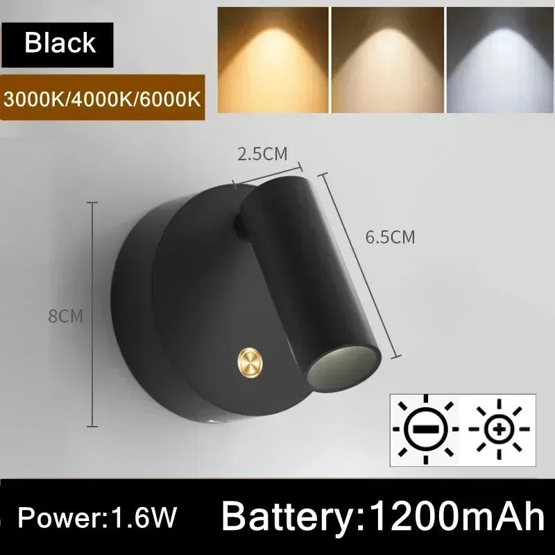 USB Rechargeable with Touch Switch Black Dimmable LED bedroom Wall Light White Magnet Magnetic base for Bedside Study Reading