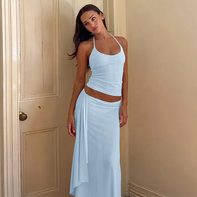 Hugcitar Fashion 2 Pcs Sets Halter Solid Backless Lace Up Sexy Crop Tank Top Ruched Maxi Skirt Women Outfit Beach Vacation Sport