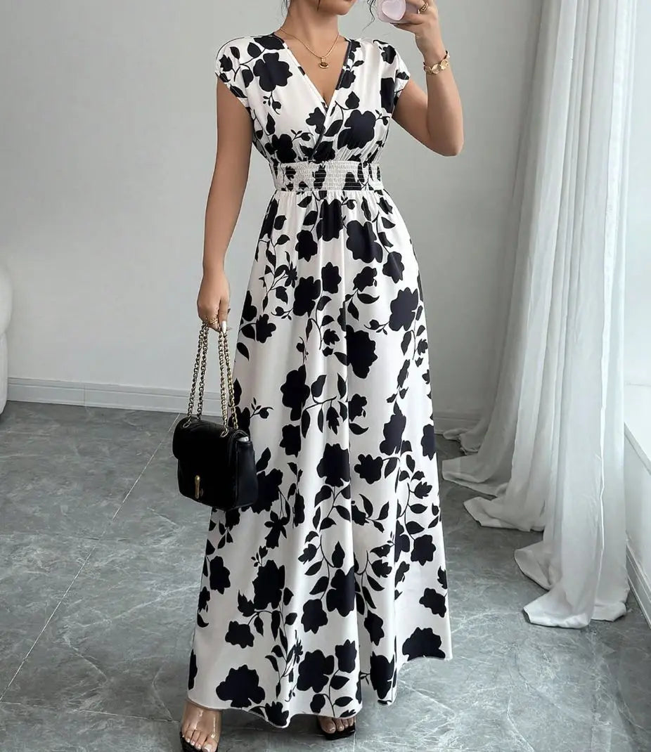 2026 Women's New Fashion Casual Daily Comfortable Elegant Lace-up Floral Print V-neck Short Sleeve Waist Women's Long Dress