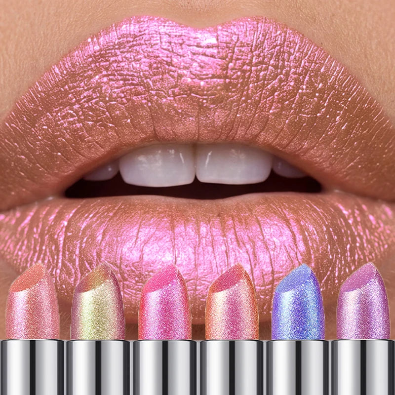 6 Color Metallic Shimmer Lipstick Diamond Pearlescent Pink Glitter Solid Lip Gloss Shiny Gold Lipgloss Lasting Lip Beauty Makeup