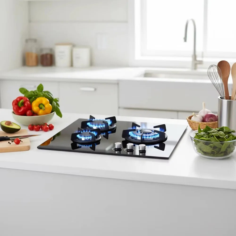 3 Burner Built-in Gas Hob 60cm Black Tempered Glass LPG Gas Cooktop with Timer Knob Control Kitchen Stove