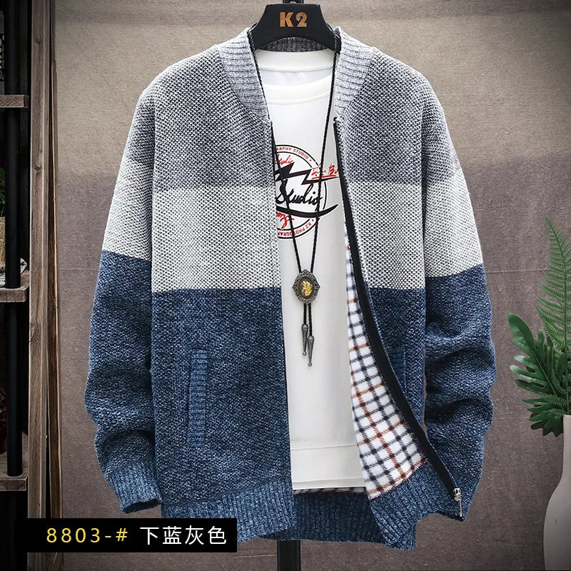 Men's Knitted Sweater Cardigan Thickened Fleece Hooded Casual Style Warm Outerwear Autumn Winter New Arrival Korean Version