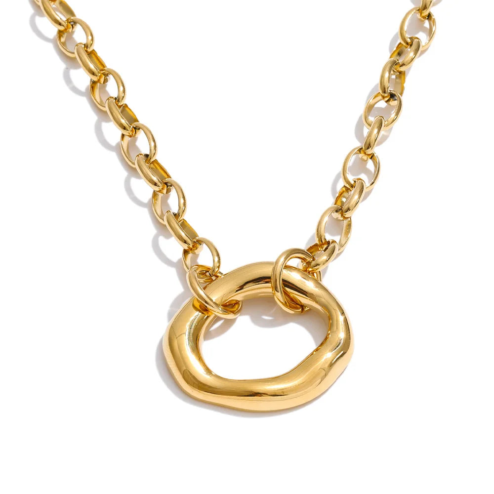 Yhpup Stainless Steel Metal Hollow Round Pendant Statement Necklace 16K Golden Platinum PVD Plated Daily Casual Collar Jewelry