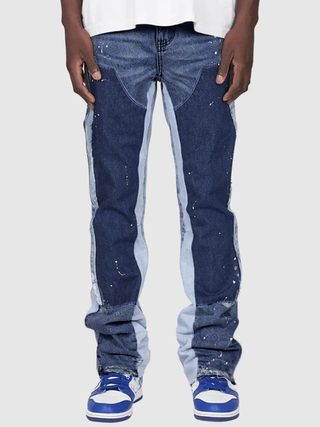 Mens Fashion Jeans Work Pants European American Style Workwear Elastic Patchwork Denim Layered Flared Pants S-XXL Streetwear