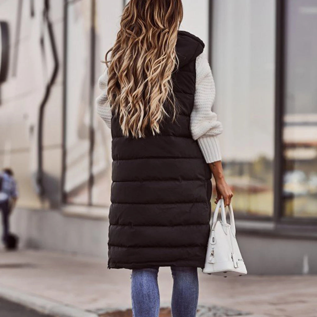 Women's Long Coat Vest With Hood Autumn Winter Sleeveless Warm Cotton Down Coat Waistcoat Quilted Vest Down Jacket Outwear 2XL