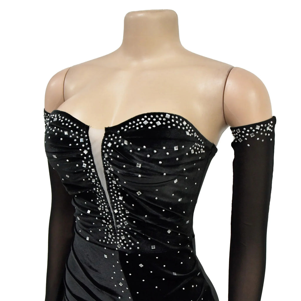 Women Diamonds Hot Rhinestones Velvet Ruched Side Split Bodycon Midi Dress with Cuff 2026 Sexy Party Dresses Vestidos