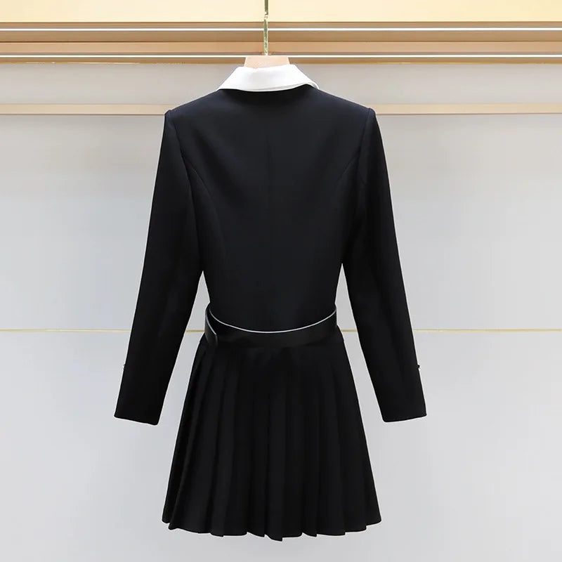 Luxury Quality 2026 Spring Autumn Single Breasted Golden Button Long Full Sleeve Blazer Suit Coat Pleated Short Dresses Women