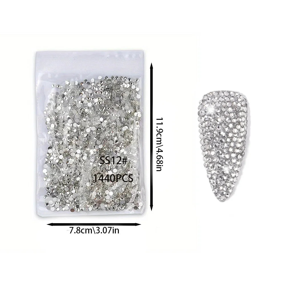 1440pcs Nail Clear/AB Glass Strass FlatBack Crystal Rhinestone (SS3-SS30)3D Nail Gem Stones Non-HotFix Nail Rhinestone