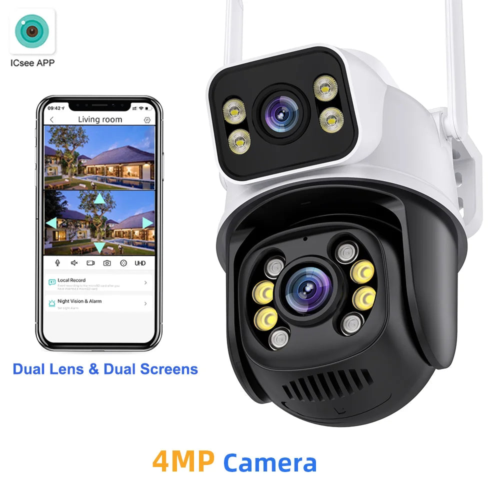 Wifi Surveillance Cameras 4K Waterproof Outdoor Wireless Security Camera Dual Lens Security-Protection ICsee IP Camera AI Track