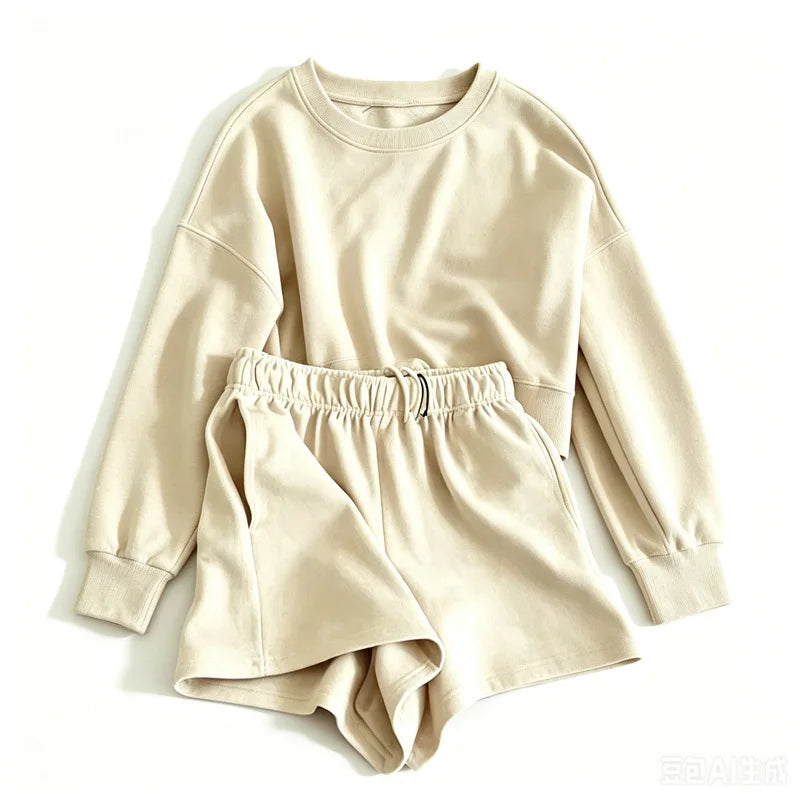 spring summer Womens Round neck long sleeve Sweatshirt Two Piece Set Casual Sweatshirt+shorts suit Daily Womens Tracksuit
