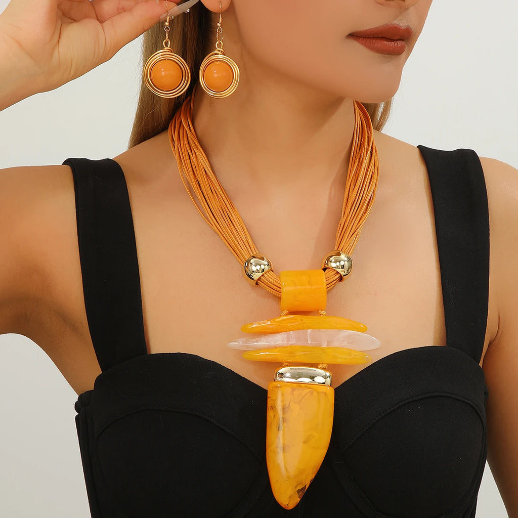 Western Jewelry Set Fashion Irregular Imitation Turquoise Wax Rope Statement Necklace And Earrings Women's Party Accessories