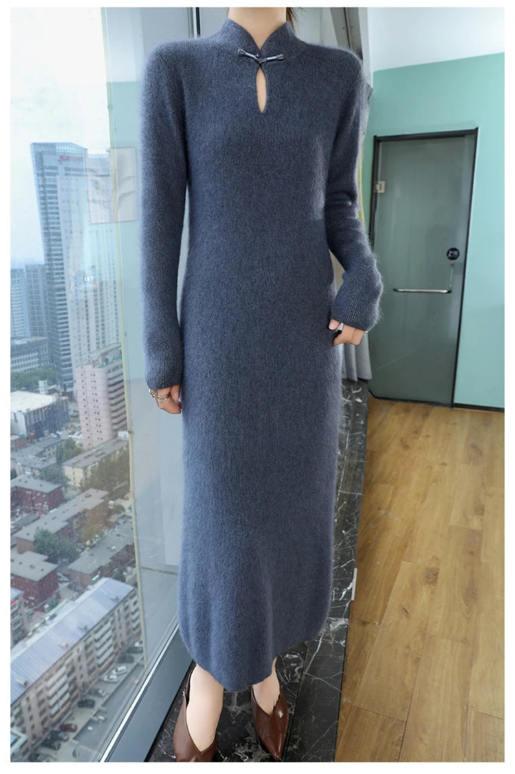 Women' 100%Pure Mink Cashmere Dress Stand-Up Collar Buckle Slim Knit Long Skirt Fashion High Waist Over The Knee Bottoming Dress