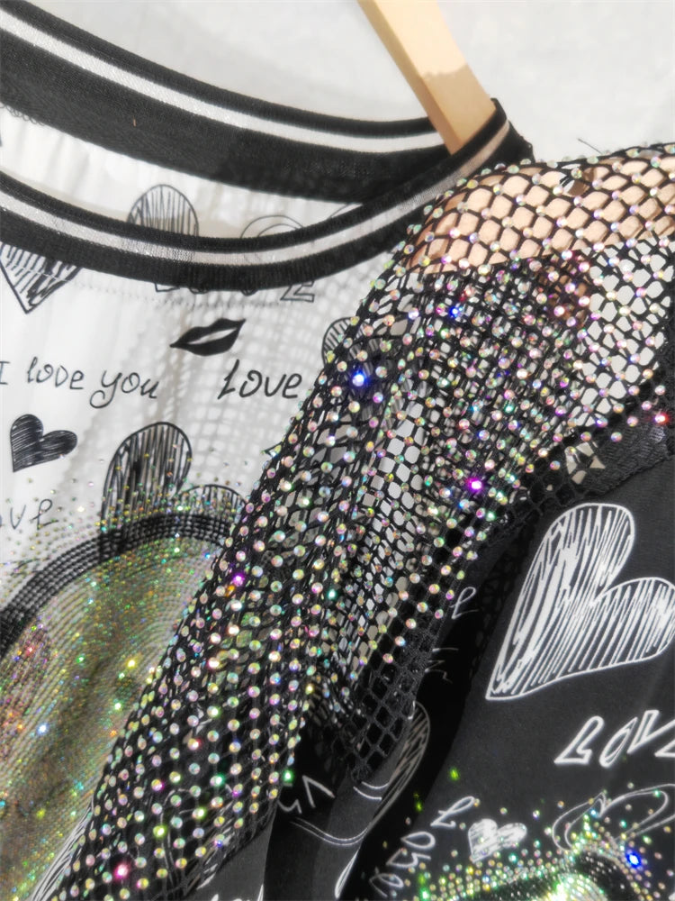 Fashion Brand Tshirts Heavy Industry High Temperature Rhinestone Love Cartoon Summer New Short Sleeve T-shirt Chiffon  Tees Tops