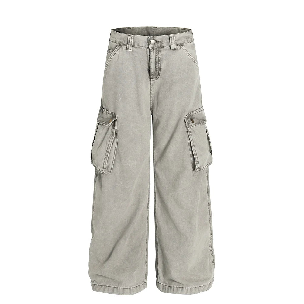 Multi-Pocket Cargo Jeans Mens Retro High Street Washed Distressed Straight Wide Leg Trousers Men
